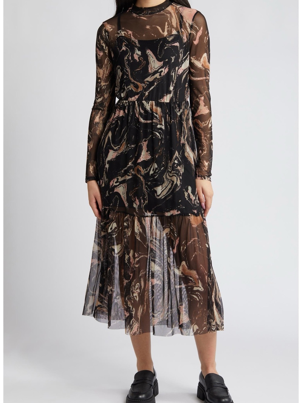 Dressed in Lala Marble Long Sleeve Mesh Midi Dress